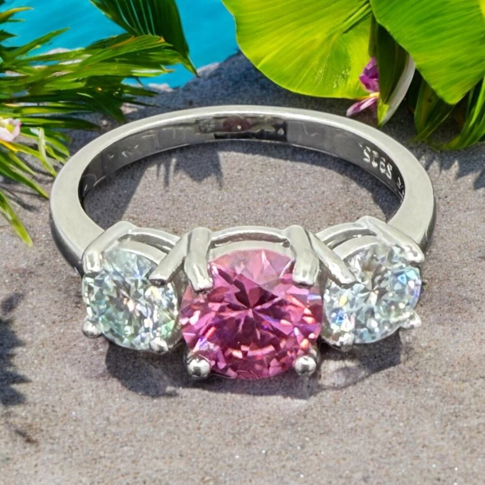 2ctw Pink White Moissanite 3 Stone Ring 925 Sterling Silver Sz 6 Wedding Band